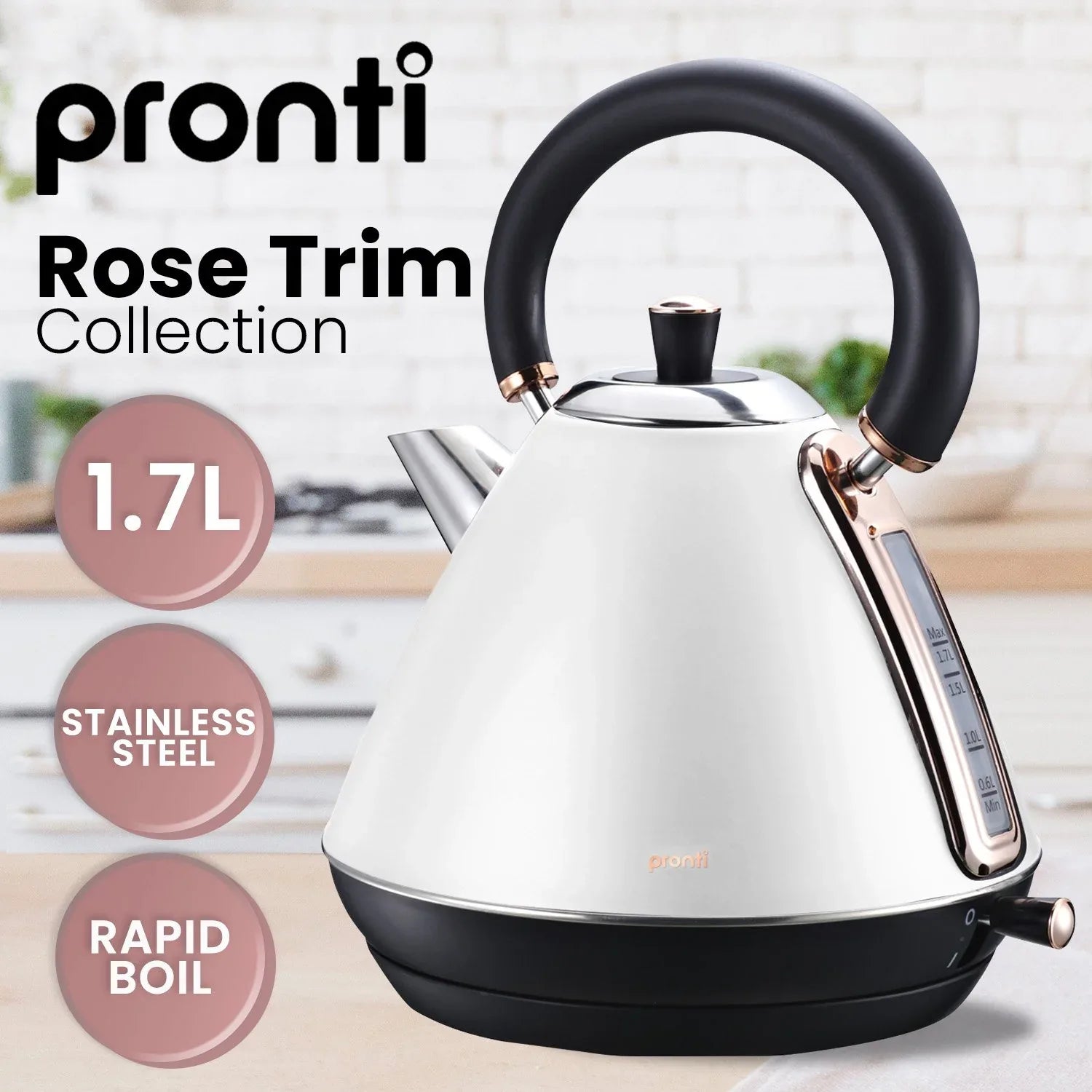 Pronti 1.7l Rose Trim Collection Kettle - White - Mekamart Australia