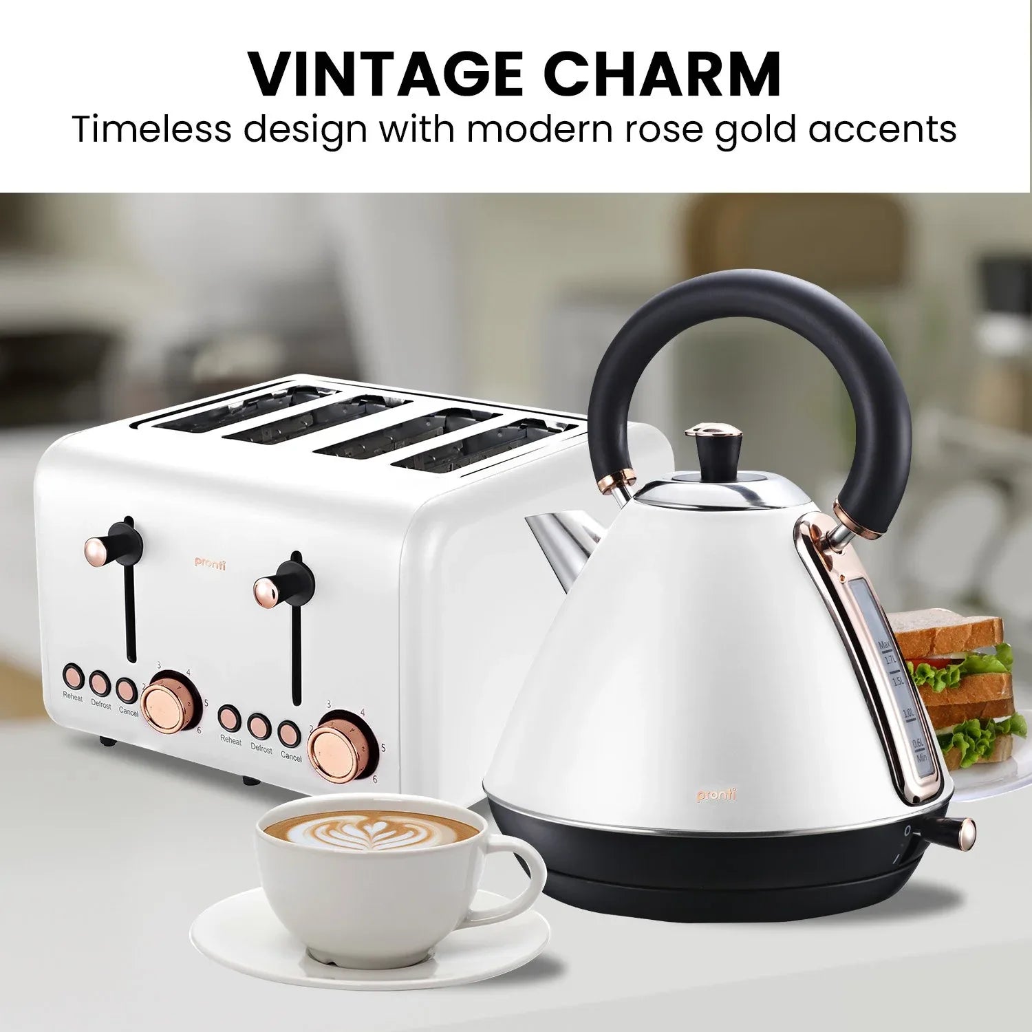Pronti Rose Trim Collection Toaster & Kettle Bundle - White - Mekamart Australia
