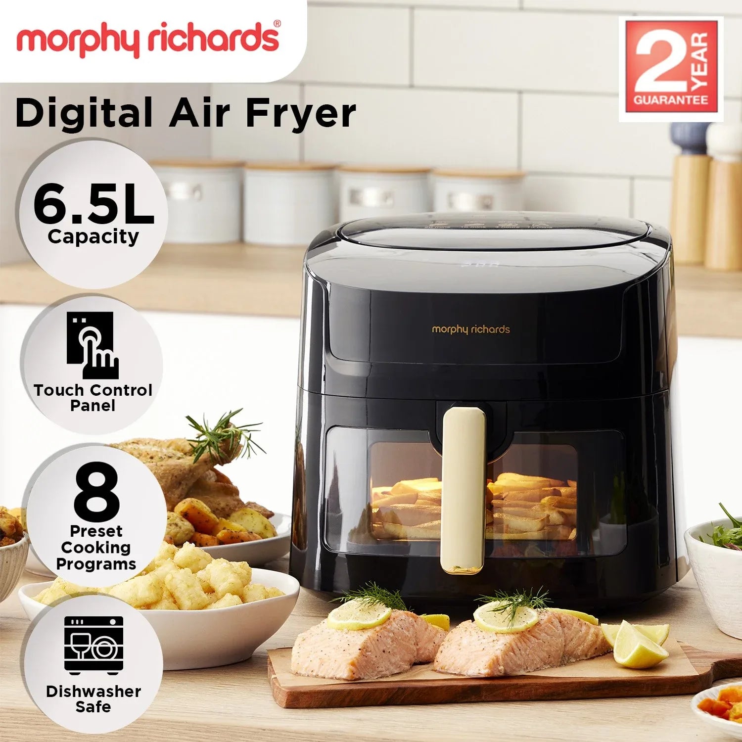 Morphy Richards 6.5L Digital Air Fryer MRAF72BK w/LED Touch Control Panel 8 Preset Cooking Programs Non Stick Drawer - Mekamart Australia