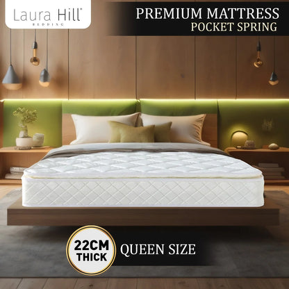 Laura Hill Mattress Queen Size Pillow Top Pocket Spring High Density Foam 22cm - Mekamart Australia