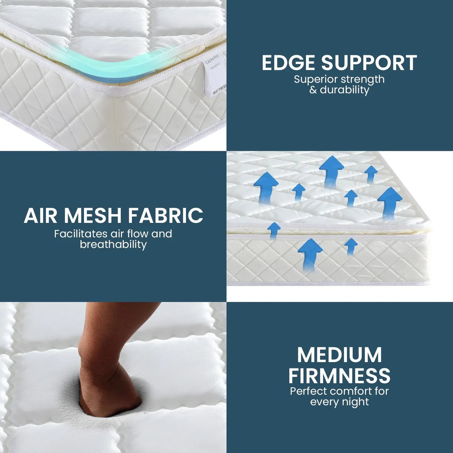 Laura Hill Mattress Queen Size Pillow Top Pocket Spring High Density Foam 22cm - Mekamart Australia