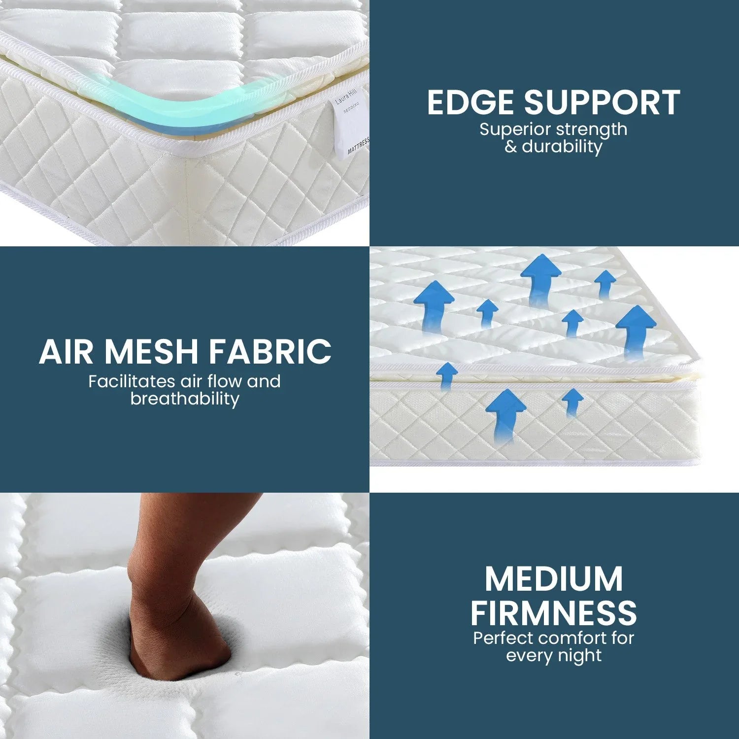 Laura Hill Mattress Queen Size Pillow Top Pocket Spring High Density Foam 22cm - Mekamart Australia