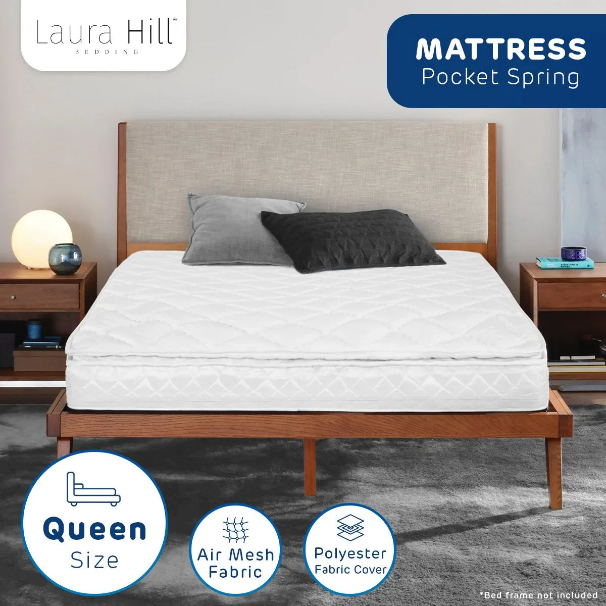 Laura Hill Mattress Queen Size Pillow Top Pocket Spring High Density Foam 22cm - Mekamart Australia