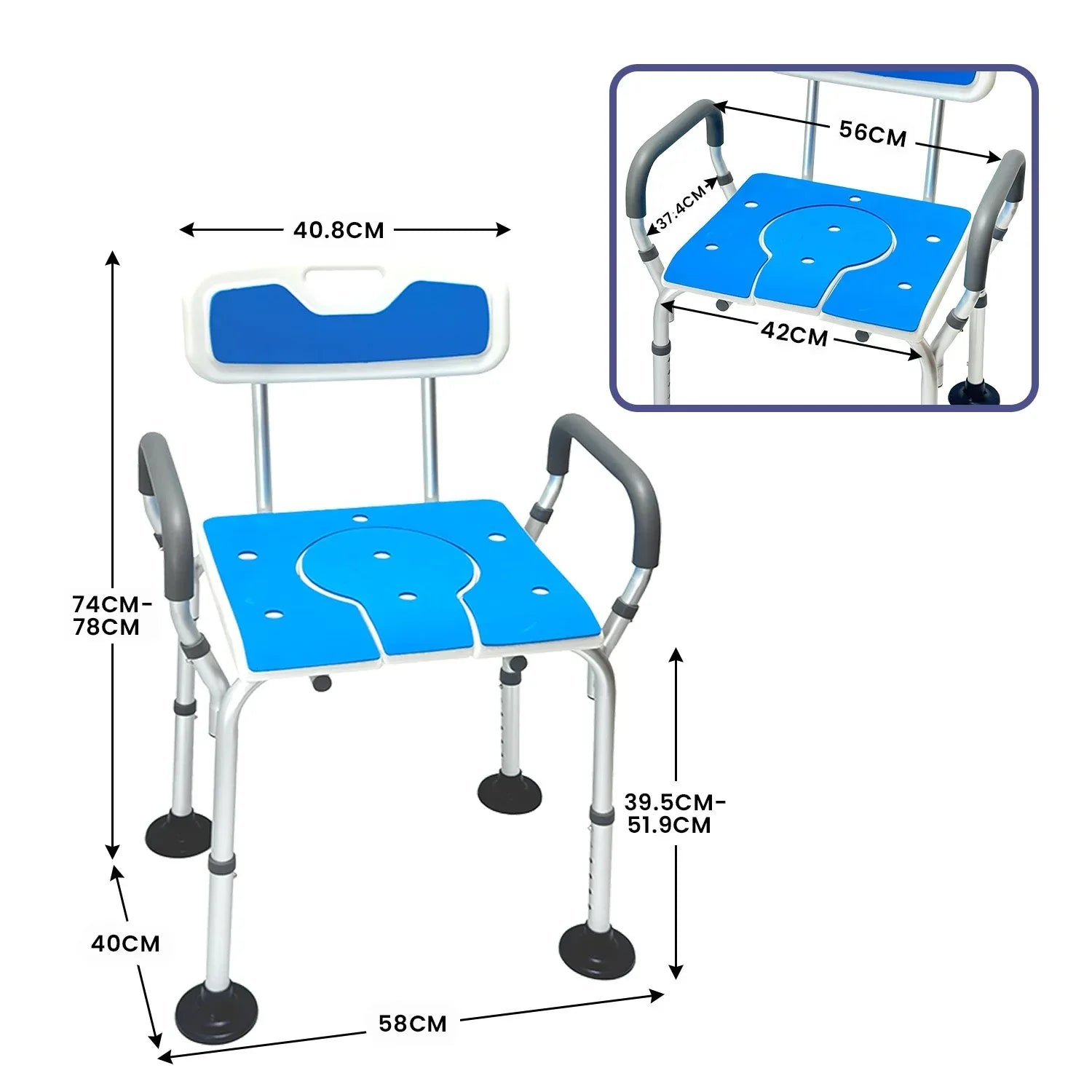 Orthonica Height-Adjustable Aluminium Commode Shower Chair with Armrests Backrest Armrests Soft Stool Seat Aid - Mekamart Australia