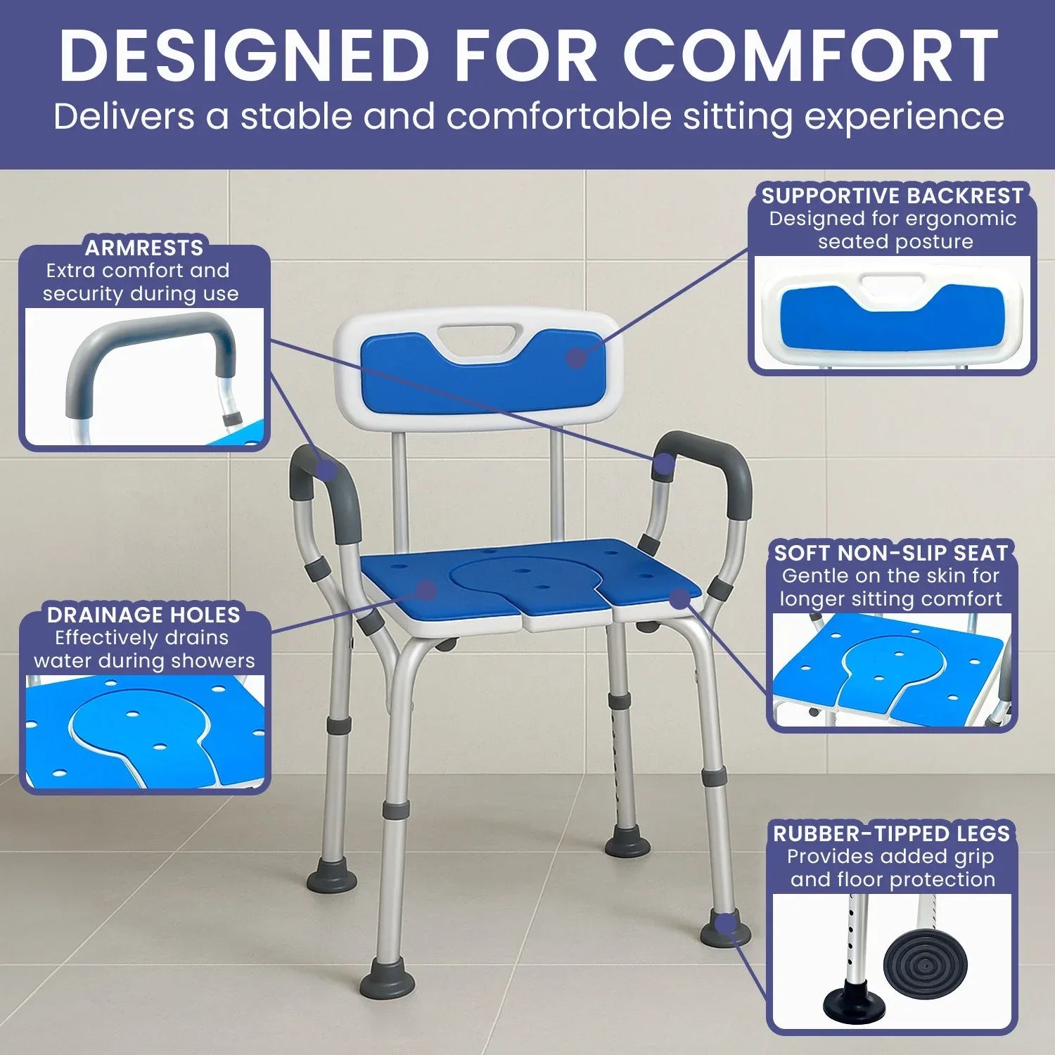 Orthonica Height-Adjustable Aluminium Commode Shower Chair with Armrests Backrest Armrests Soft Stool Seat Aid - Mekamart Australia