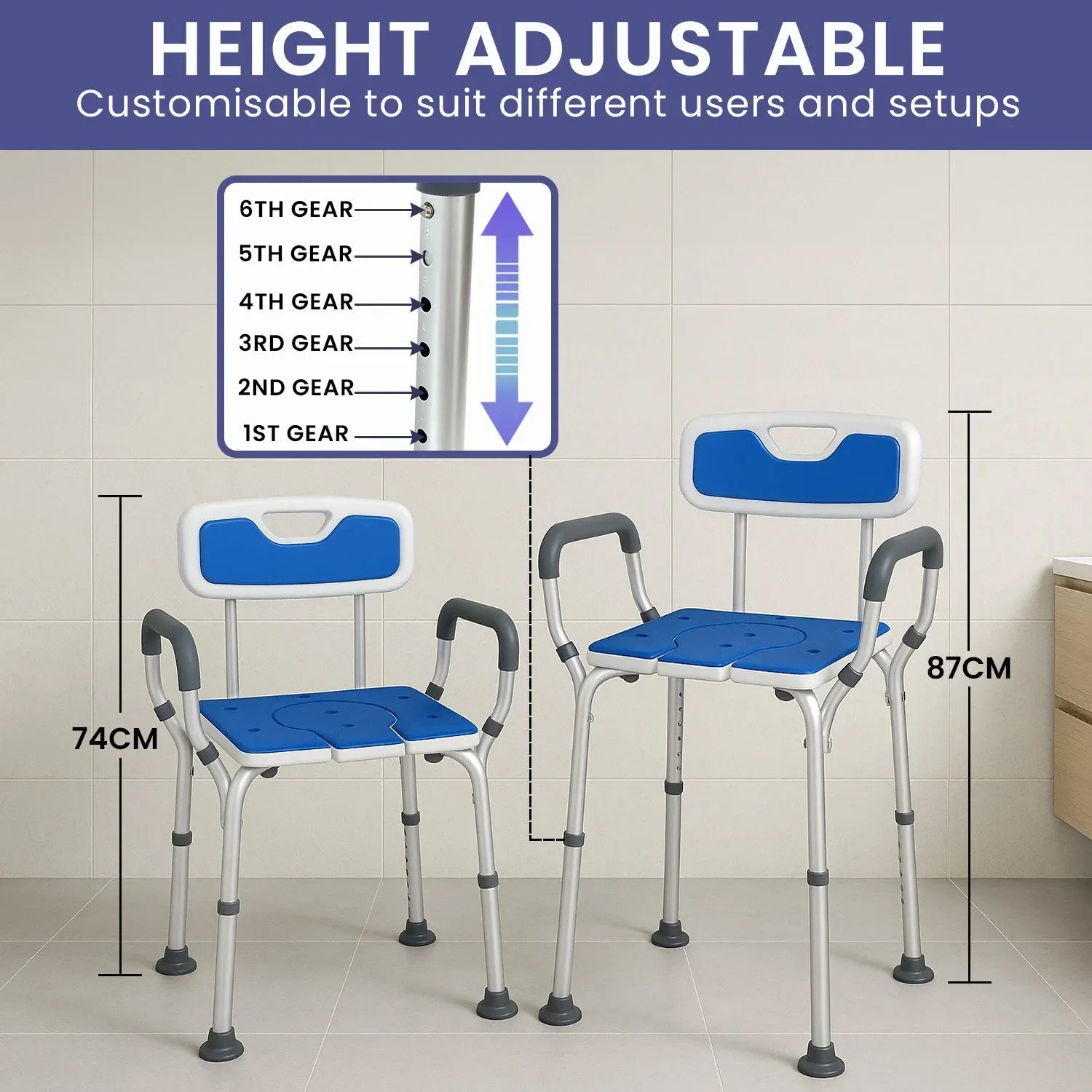 Orthonica Height-Adjustable Aluminium Commode Shower Chair with Armrests Backrest Armrests Soft Stool Seat Aid - Mekamart Australia