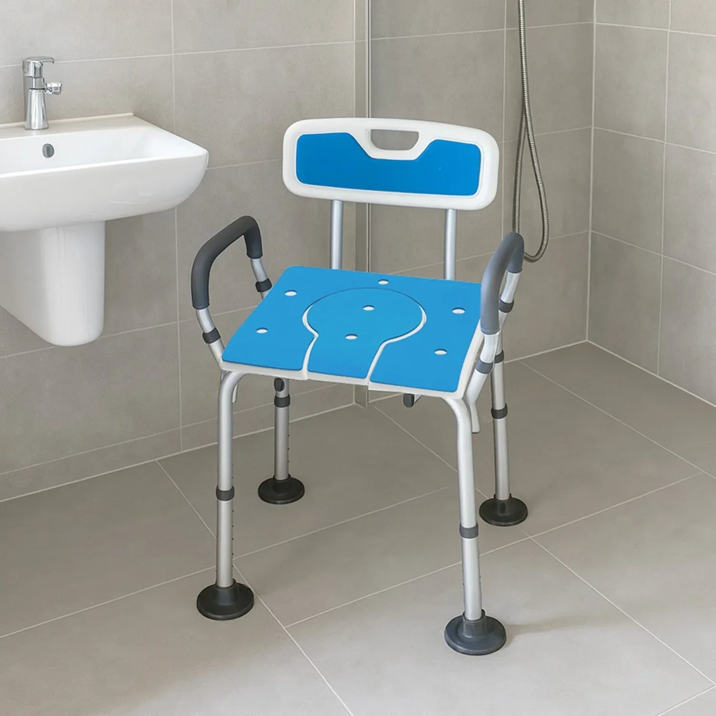 Orthonica Height-Adjustable Aluminium Commode Shower Chair with Armrests Backrest Armrests Soft Stool Seat Aid - Mekamart Australia