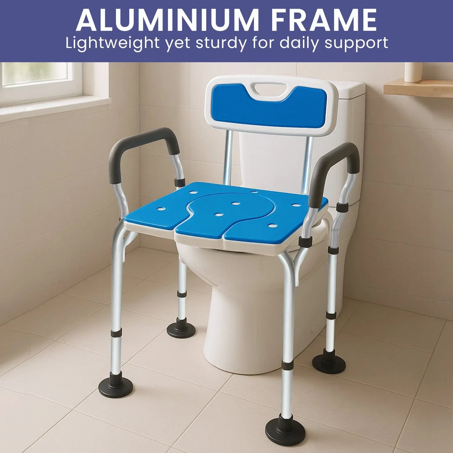 Orthonica Height-Adjustable Aluminium Commode Shower Chair with Armrests Backrest Armrests Soft Stool Seat Aid - Mekamart Australia