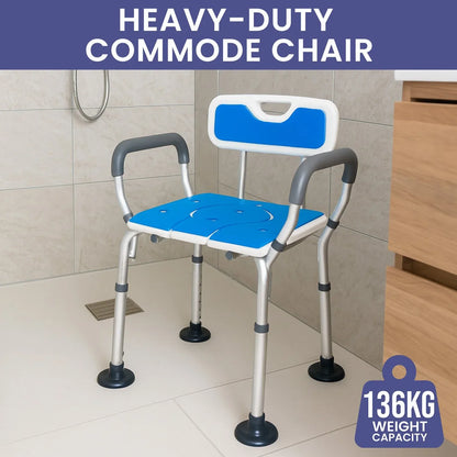 Orthonica Height-Adjustable Aluminium Commode Shower Chair with Armrests Backrest Armrests Soft Stool Seat Aid - Mekamart Australia