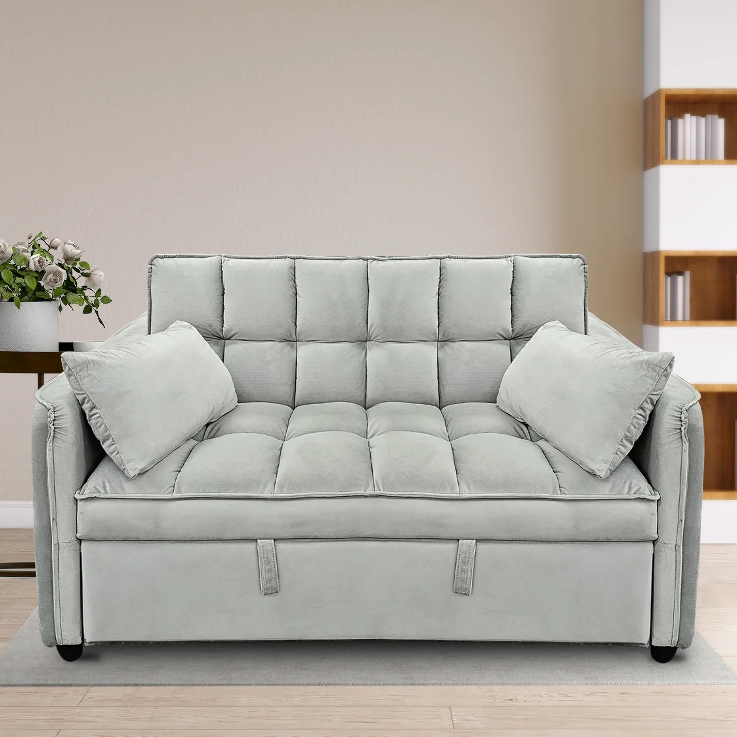 Sarantino Quincy 2-Seater Velvet Sofa Bed in Light Grey with Wooden Frame and Tufted Design - Mekamart Australia