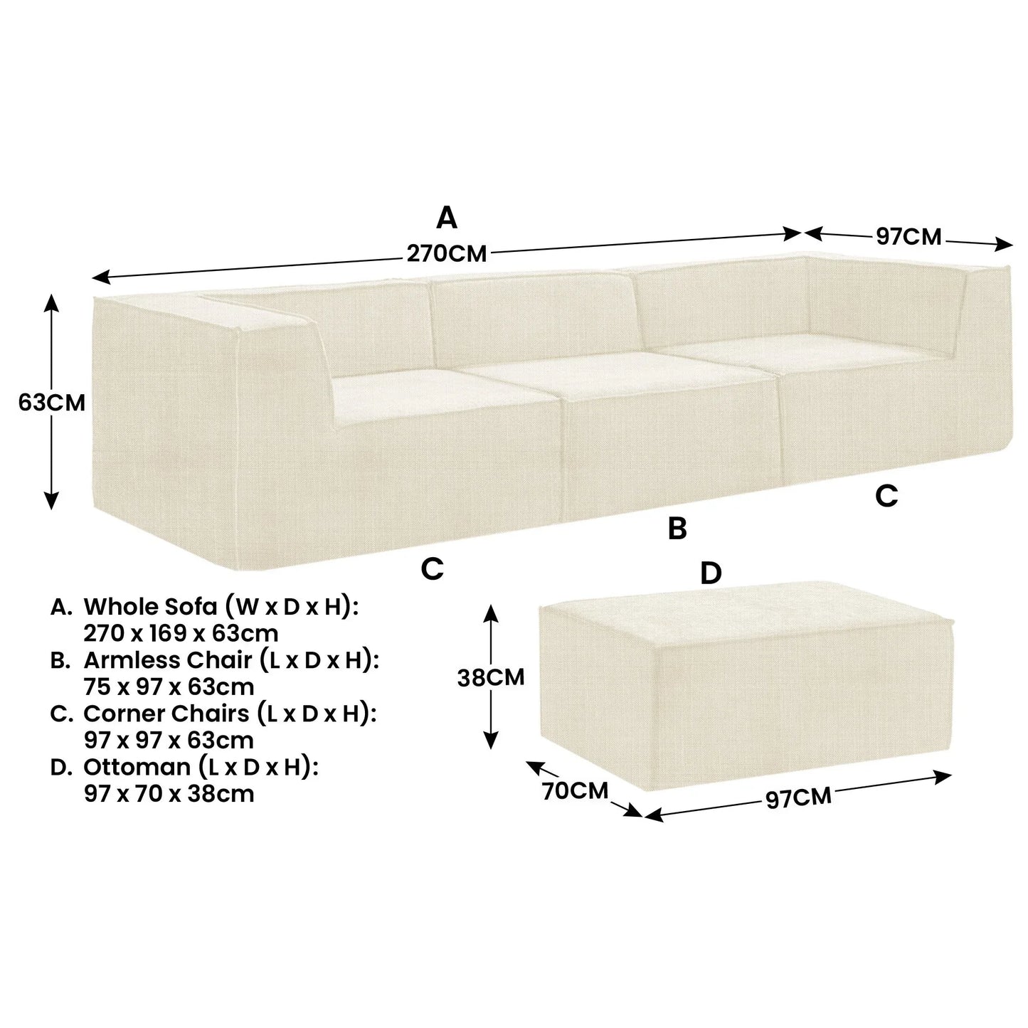Sarantino Novi 3-Seater Modular Sofa with Ottoman in Cream Non-Slip Bottom Lounge - Mekamart Australia