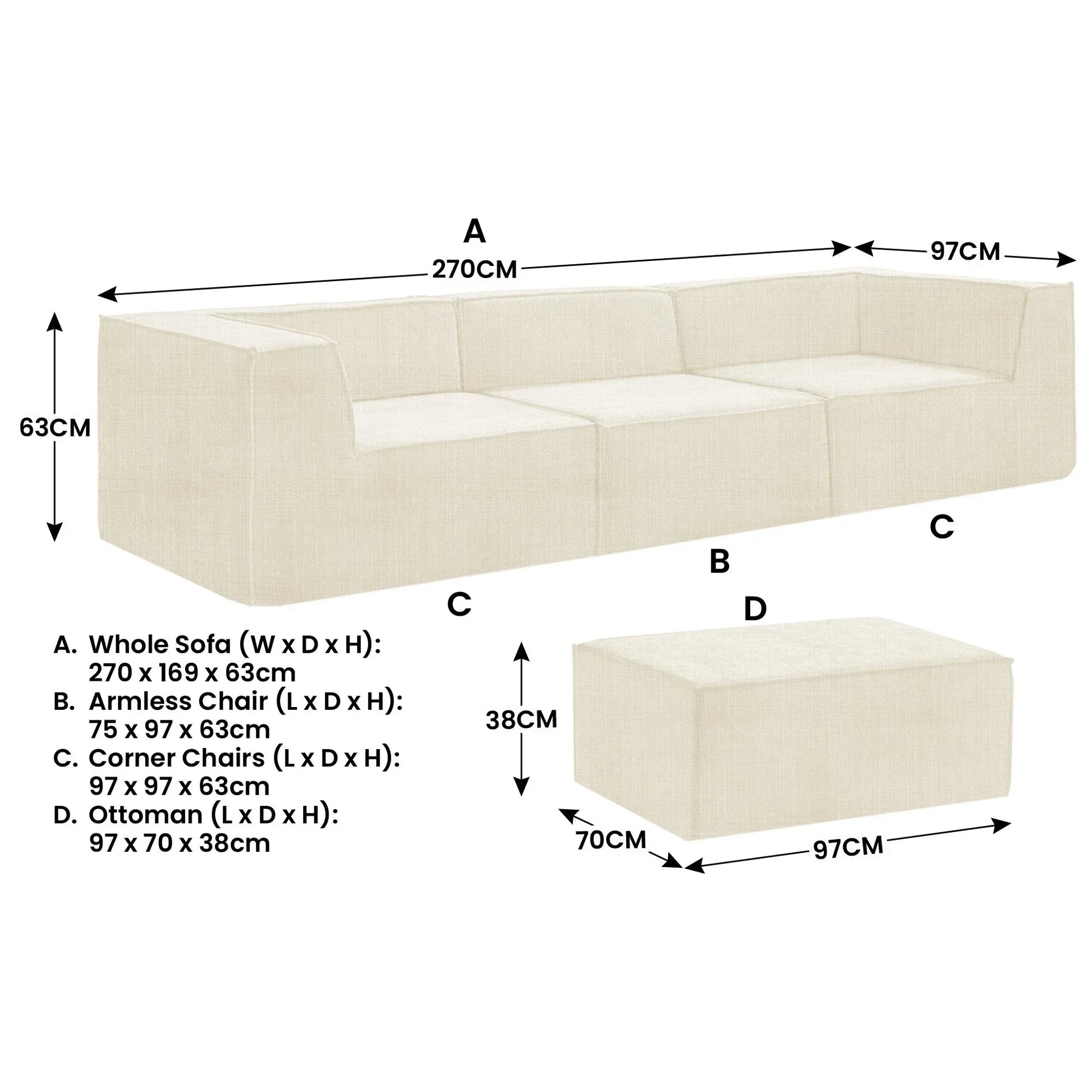 Sarantino Novi 3-Seater Modular Sofa with Ottoman in Cream Non-Slip Bottom Lounge - Mekamart Australia