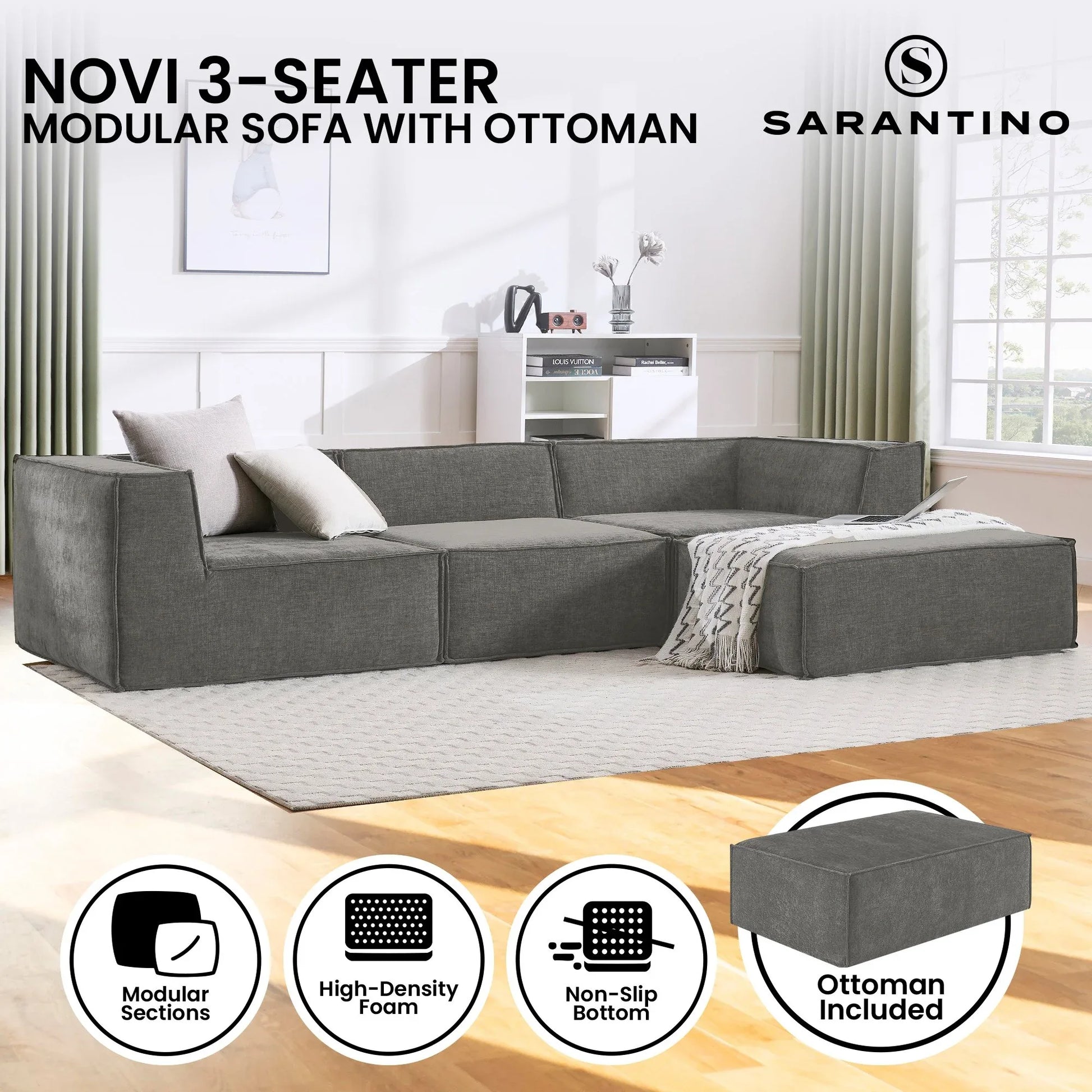 Sarantino Novi 3-Seater Modular Sofa with Ottoman in Grey Non-Slip Bottom Lounge - Mekamart Australia