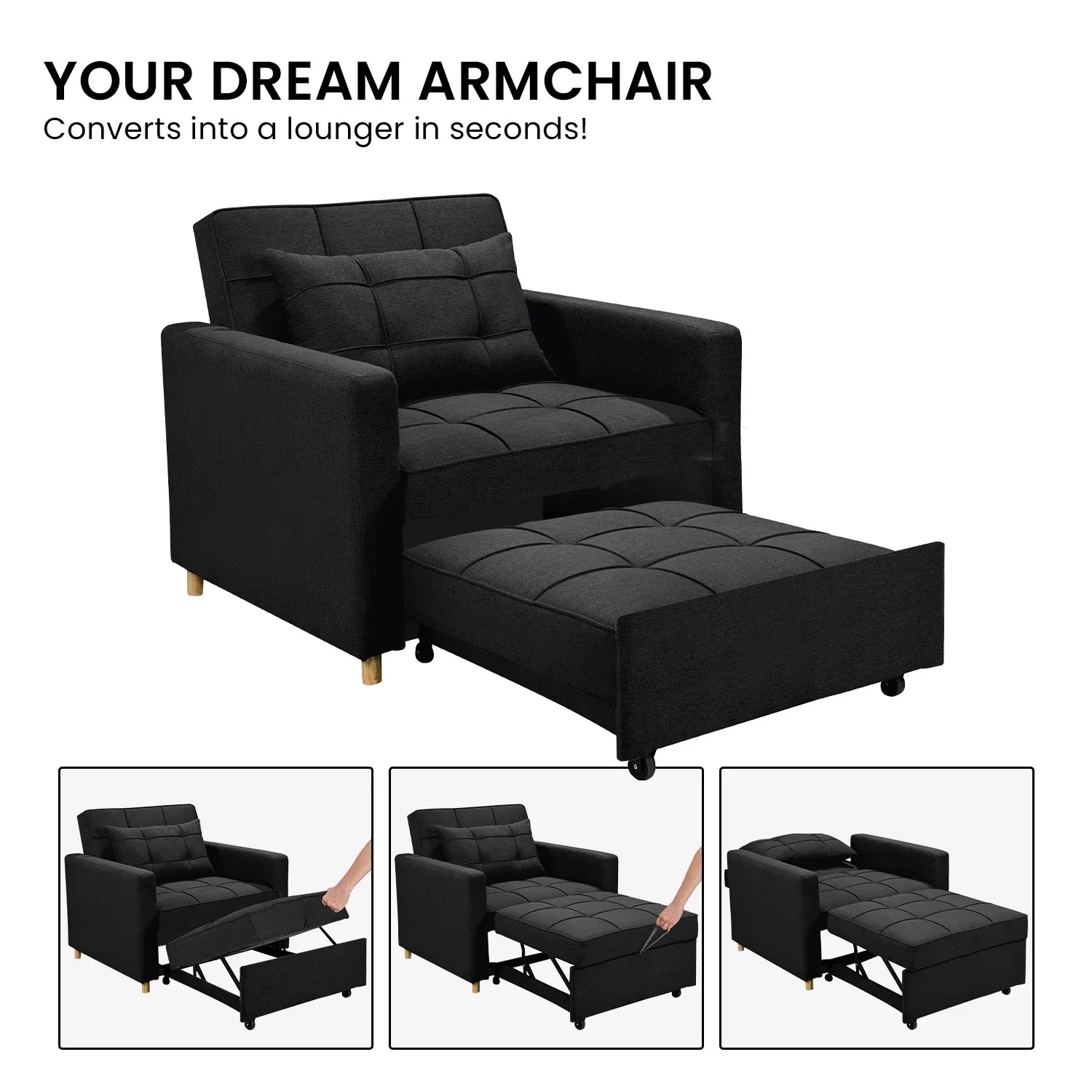 Sarantino Suri 3-in-1 Convertible Lounge Chair Bed - Black - Mekamart Australia
