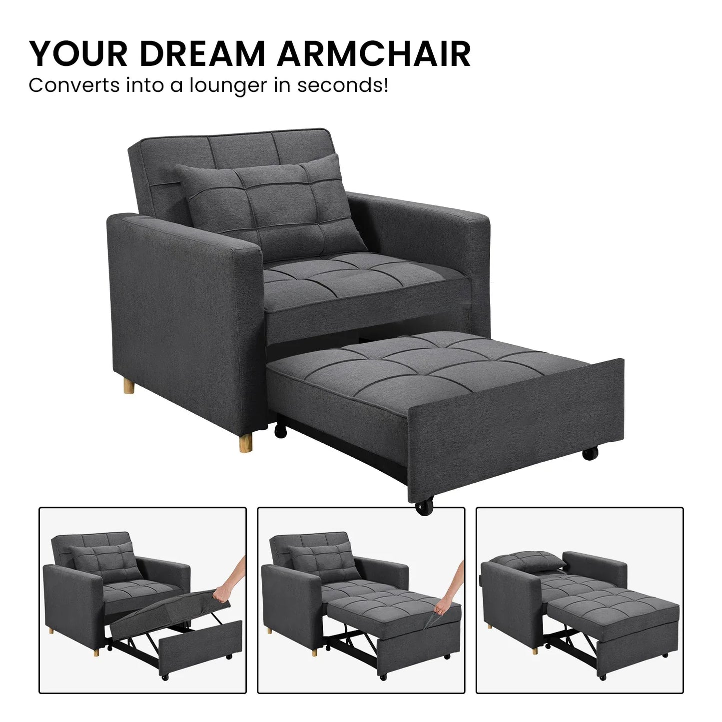 Sarantino Suri 3-in-1 Convertible Lounge Chair Bed - Dark Grey - Mekamart Australia
