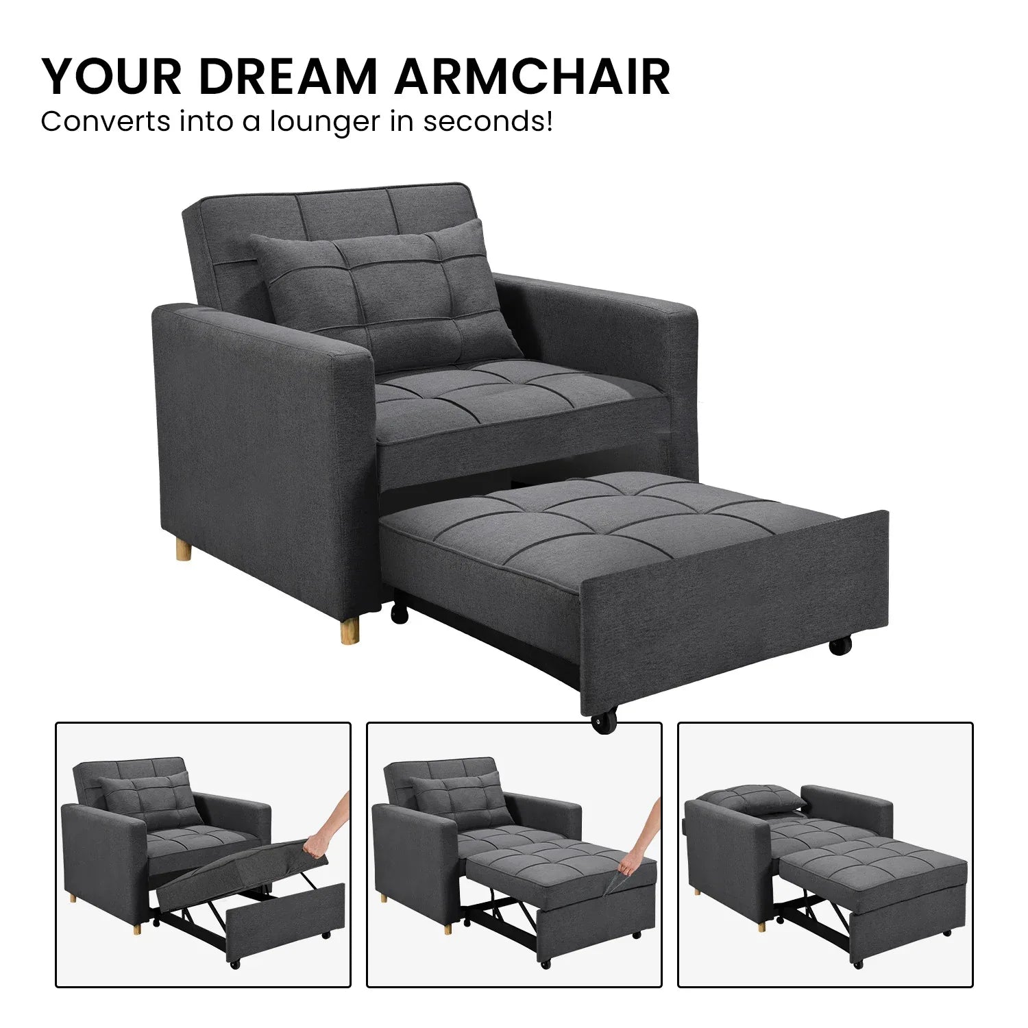Sarantino Suri 3-in-1 Convertible Lounge Chair Bed - Dark Grey - Mekamart Australia