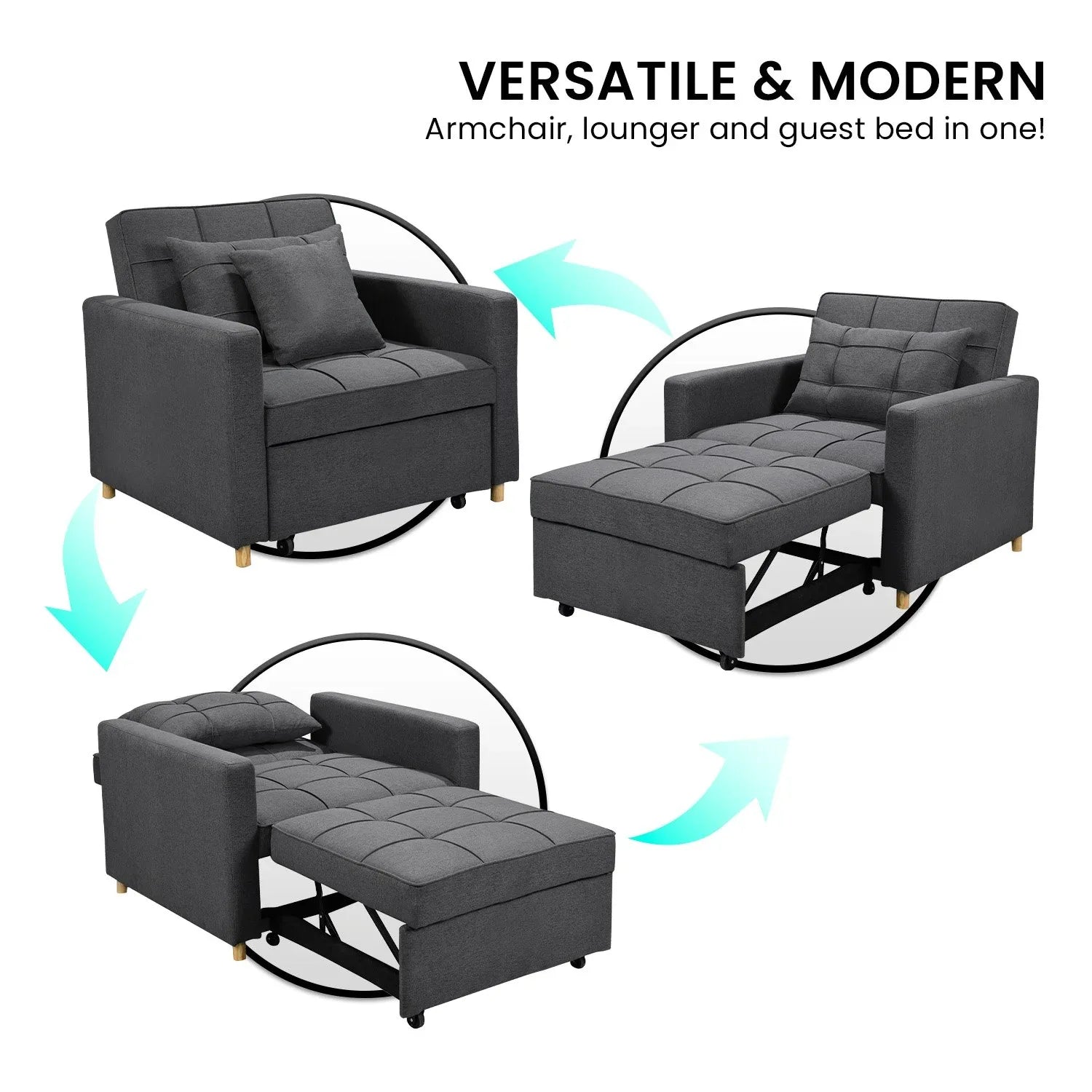 Sarantino Suri 3-in-1 Convertible Lounge Chair Bed - Dark Grey - Mekamart Australia