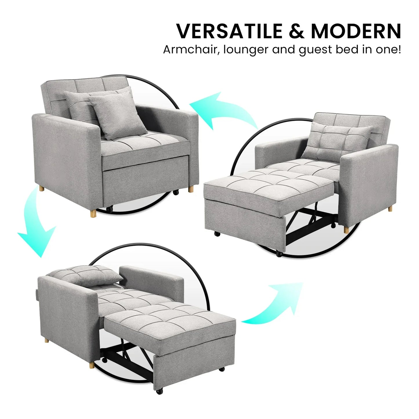 Sarantino Suri 3-in-1 Convertible Sofa Chair Bed Lounger - Light Grey - Mekamart Australia