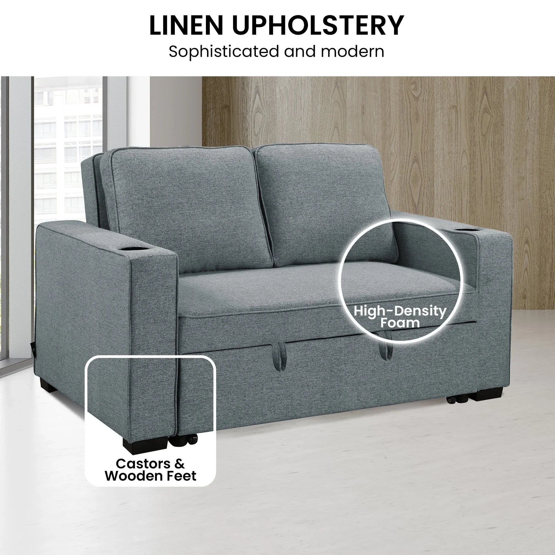 Sarantino Hoffman Linen Sofa Bed with Cushions & Cup Holders Airforce Blue - Mekamart Australia