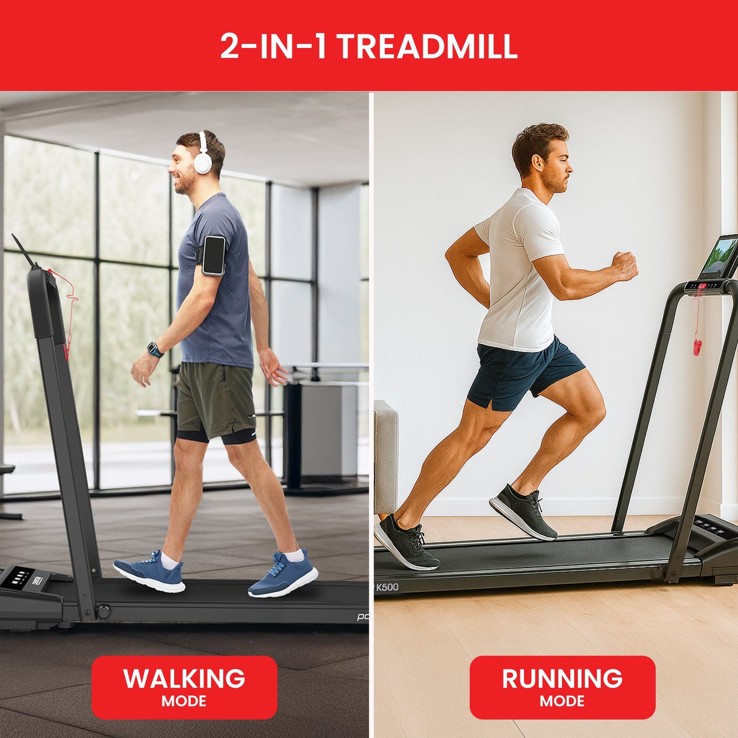 Powertrain K500 Walking Pad Treadmill 2 in 1 Foldable Walking & Running Machine w/2.5HP Motor Dual LED Displays 2 Level