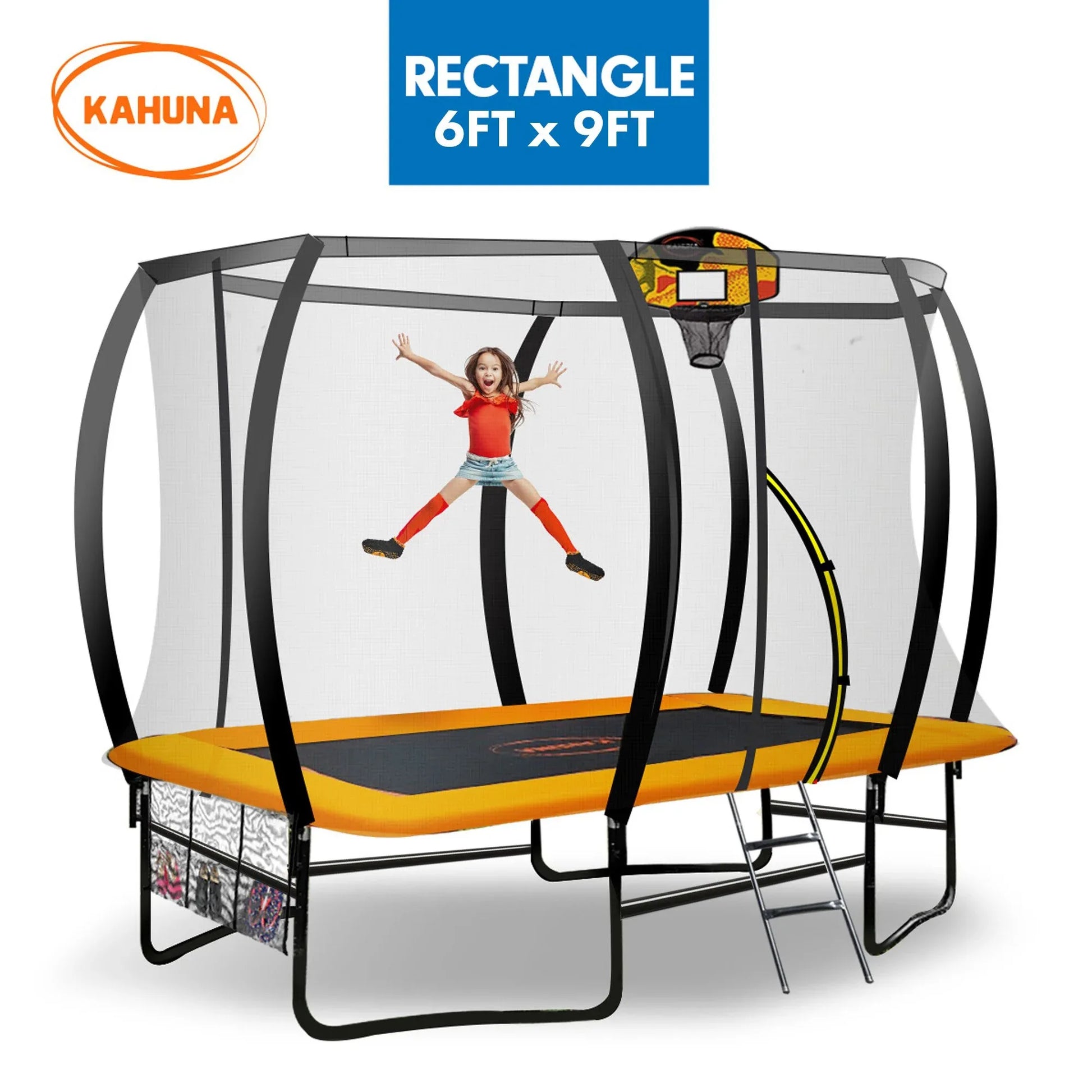 Kahuna 6 Ft X 9 Ft Rectangular Outdoor Trampoline With LED Basketball Set Orange - Mekamart Australia