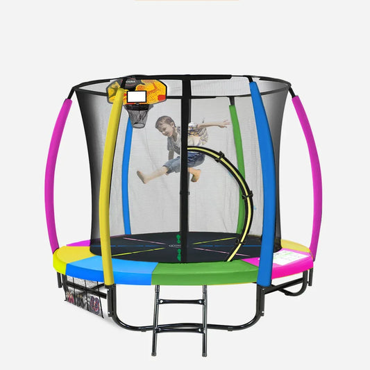 Kahuna 8ft Outdoor Trampoline Kids Children With Safety Enclosure Mat Pad Net Ladder Basketball Hoop Set - Rainbow - Mekamart Australia