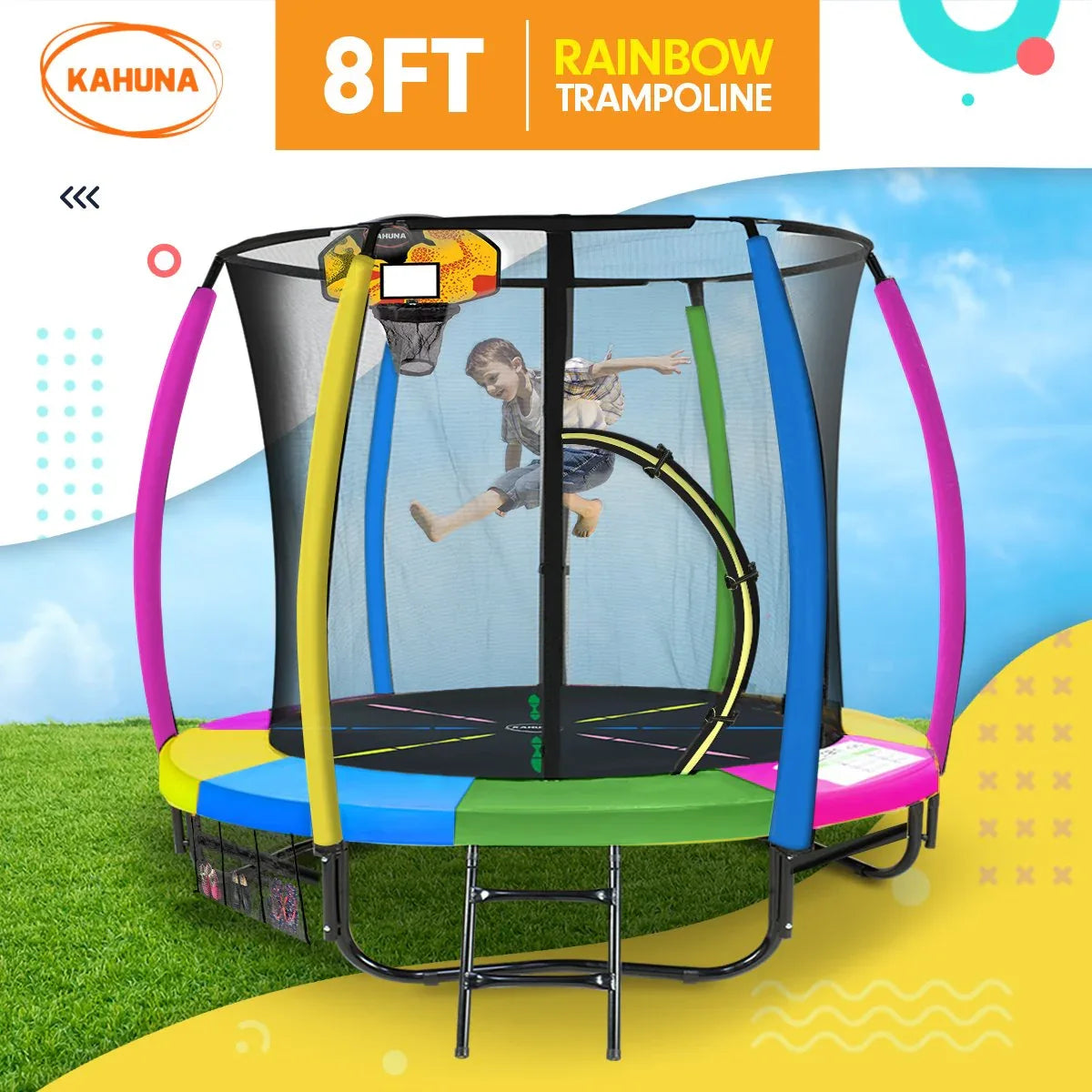 Kahuna 8ft Outdoor Trampoline Kids Children With Safety Enclosure Mat Pad Net Ladder Basketball Hoop Set - Rainbow - Mekamart Australia