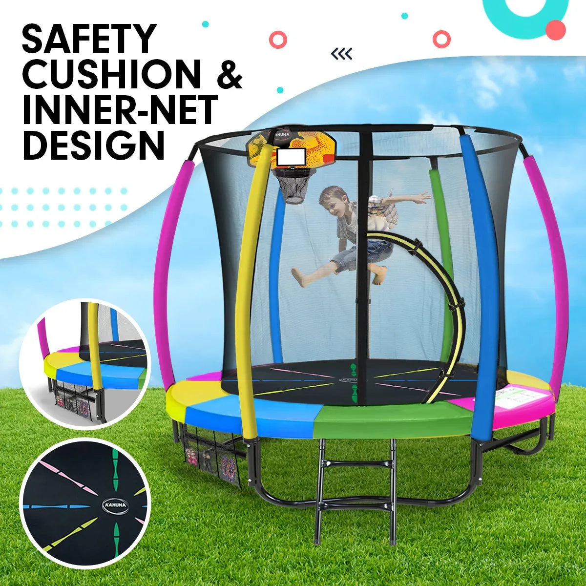 Kahuna 8ft Outdoor Trampoline Kids Children With Safety Enclosure Mat Pad Net Ladder Basketball Hoop Set - Rainbow - Mekamart Australia