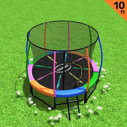 Kahuna 10ft Outdoor Trampoline Kids Children With Safety Enclosure Pad Mat Ladder - Rainbow - Mekamart Australia