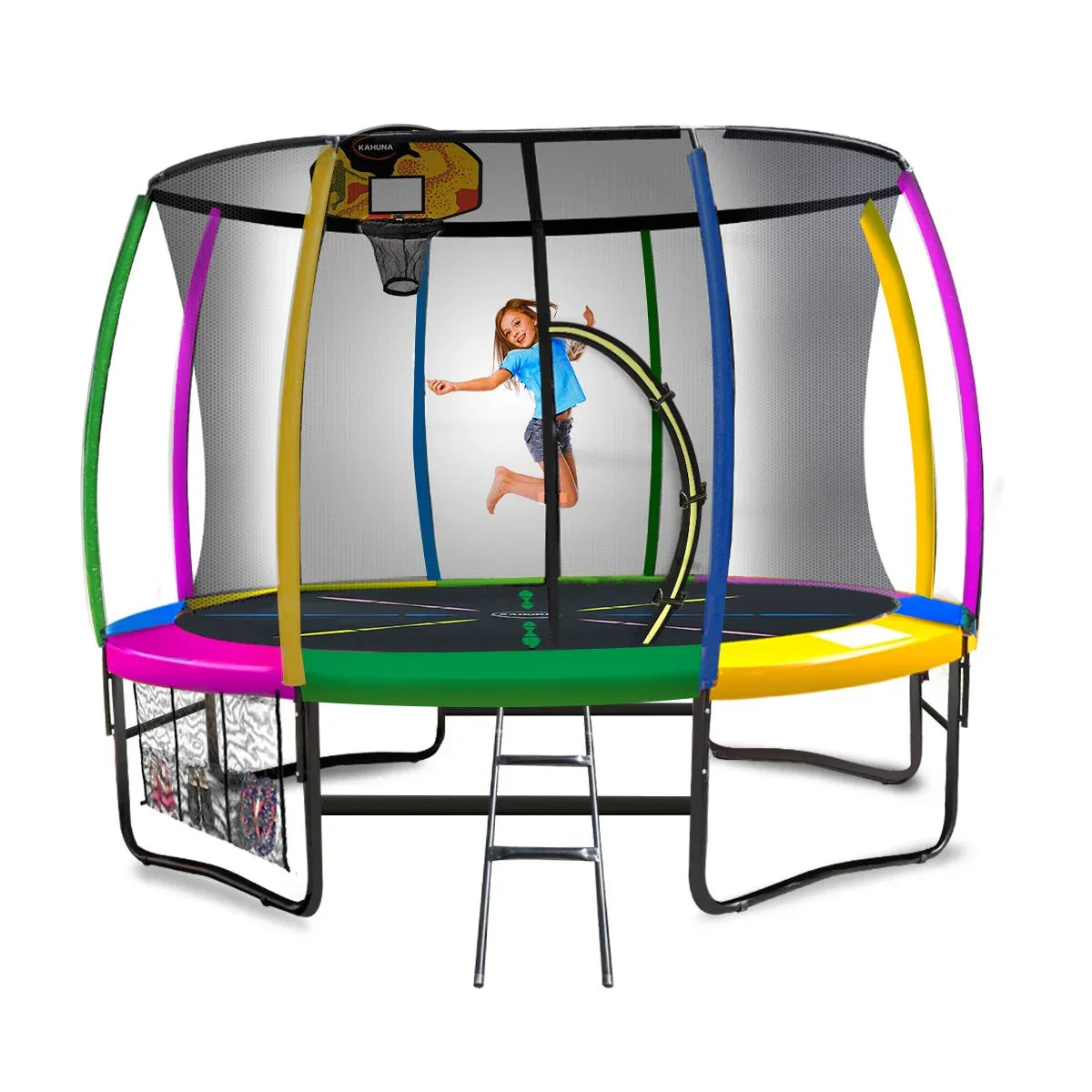 Kahuna 10ft Outdoor Trampoline Kids Children With Safety Enclosure Pad Mat Ladder Basketball Hoop Set - Rainbow - Mekamart Australia