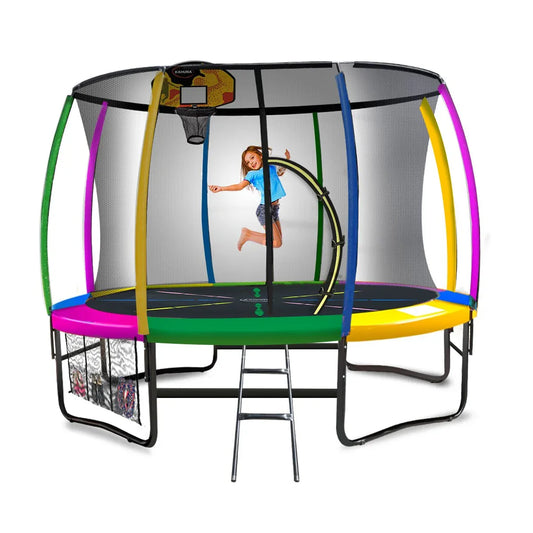 Kahuna 10ft Outdoor Trampoline Kids Children With Safety Enclosure Pad Mat Ladder Basketball Hoop Set - Rainbow - Mekamart Australia