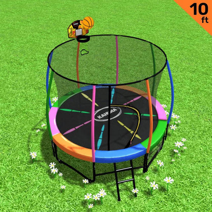 Kahuna 10ft Outdoor Trampoline Kids Children With Safety Enclosure Pad Mat Ladder Basketball Hoop Set - Rainbow - Mekamart Australia