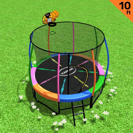 Kahuna 10ft Outdoor Trampoline Kids Children With Safety Enclosure Pad Mat Ladder Basketball Hoop Set - Rainbow - Mekamart Australia