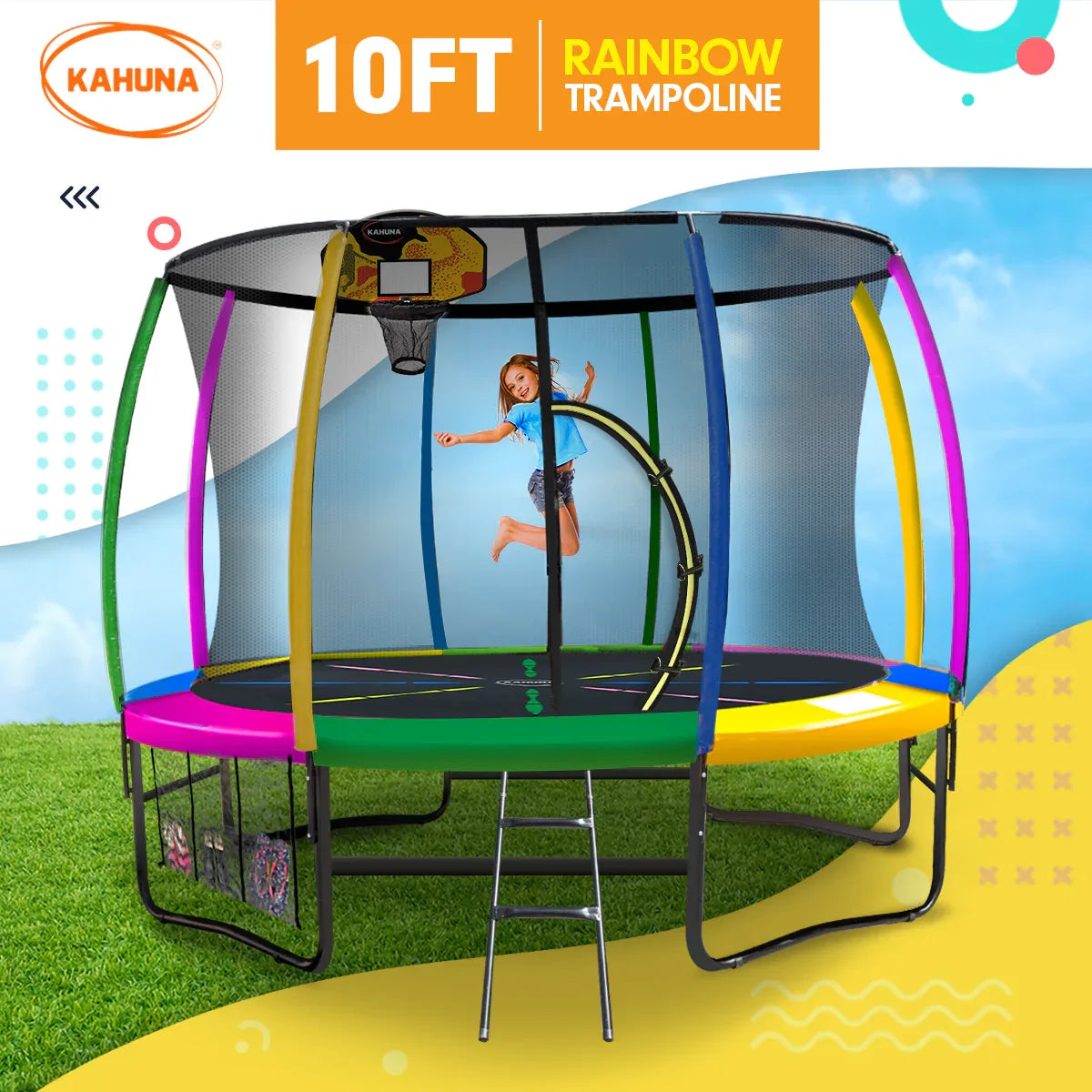 Kahuna 10ft Outdoor Trampoline Kids Children With Safety Enclosure Pad Mat Ladder Basketball Hoop Set - Rainbow - Mekamart Australia
