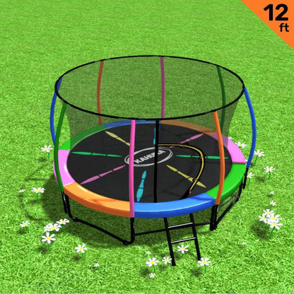 Kahuna 12ft Trampoline Free Ladder Spring Mat Net Safety Pad Cover Round Enclosure - Rainbow - Mekamart Australia