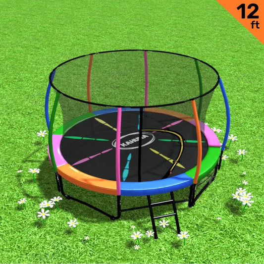Kahuna 12ft Trampoline Free Ladder Spring Mat Net Safety Pad Cover Round Enclosure - Rainbow - Mekamart Australia