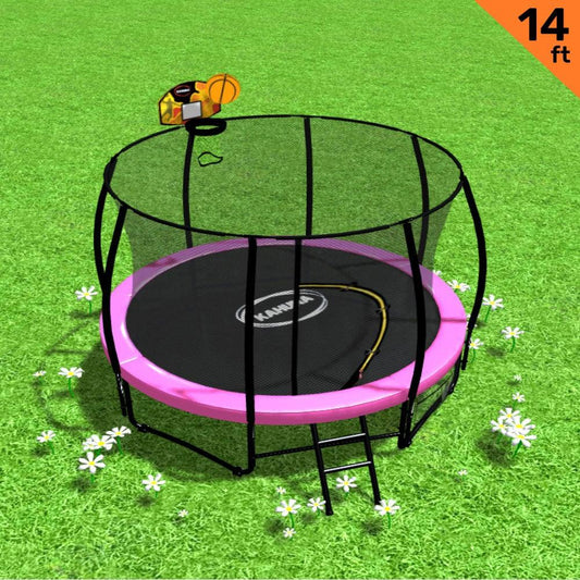 Kahuna 14ft Outdoor Trampoline Kids Children With Safety Enclosure Pad Mat Ladder Basketball Hoop Set - Pink - Mekamart Australia