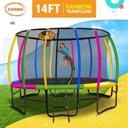 Kahuna 14ft Outdoor Trampoline Kids Children With Safety Enclosure Pad Mat Ladder Basketball Hoop Set - Rainbow - Mekamart Australia