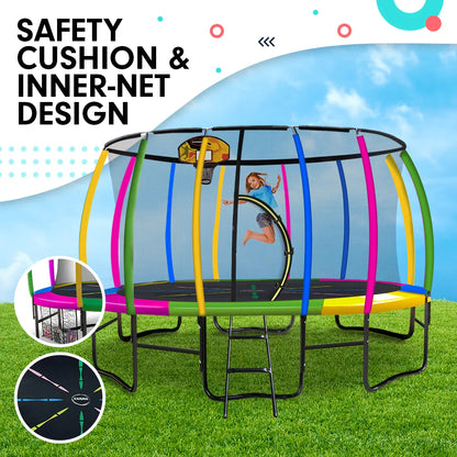 Kahuna 14ft Outdoor Trampoline Kids Children With Safety Enclosure Pad Mat Ladder Basketball Hoop Set - Rainbow - Mekamart Australia