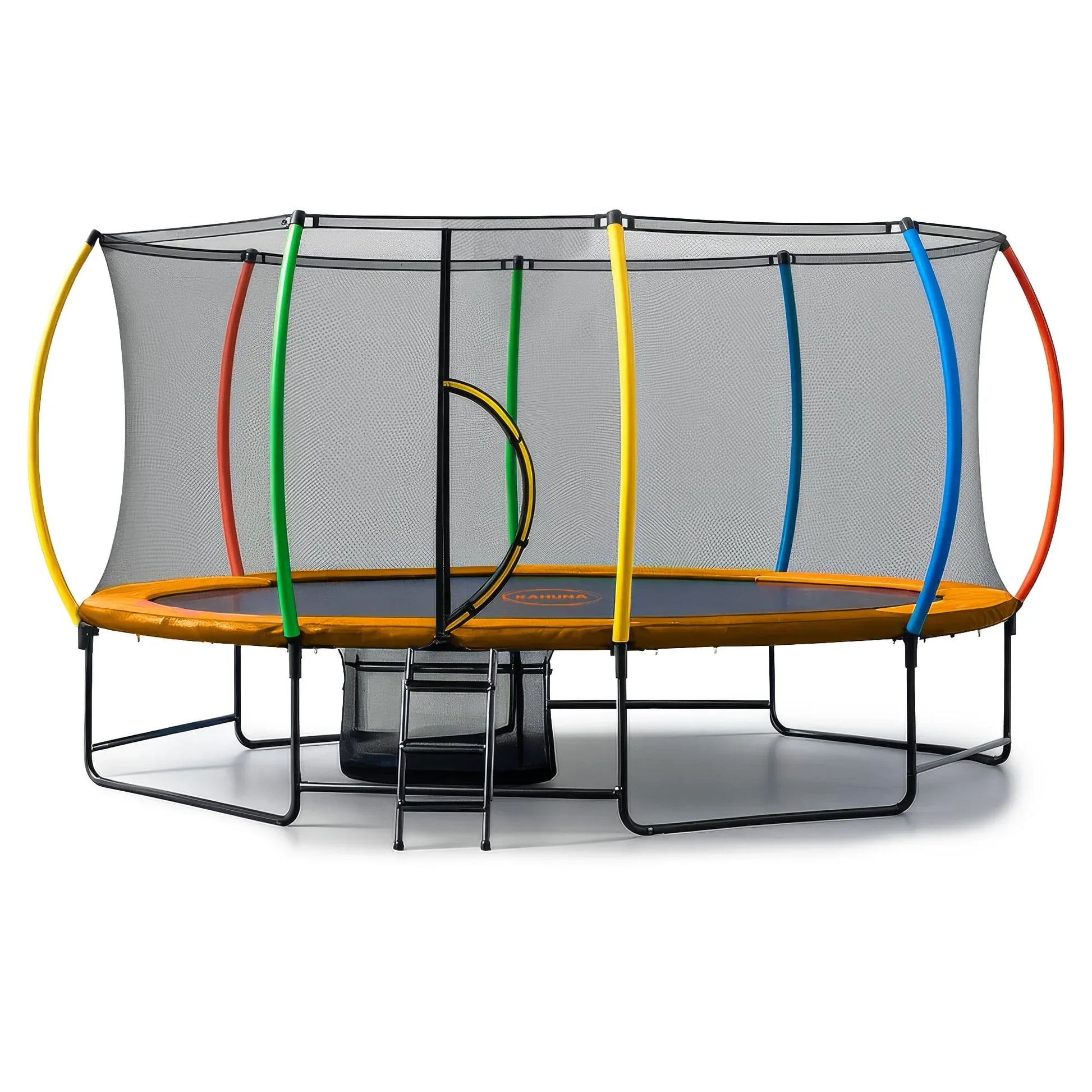 Kahuna 10 ft x 15 ft Oval Outdoor Trampoline with Reversible Rainbow & Orange Safety Pad Safety Net and Ladder - Mekamart Australia