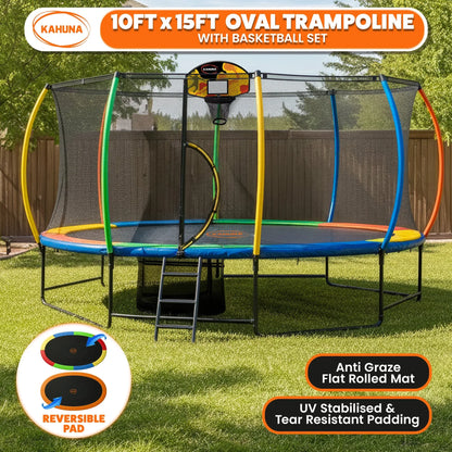 Kahuna 10 ft x 15 ft Oval Outdoor Trampoline w/ Basketball Set Reversible Rainbow & Orange Safety Pad Safety Net Ladder - Mekamart Australia