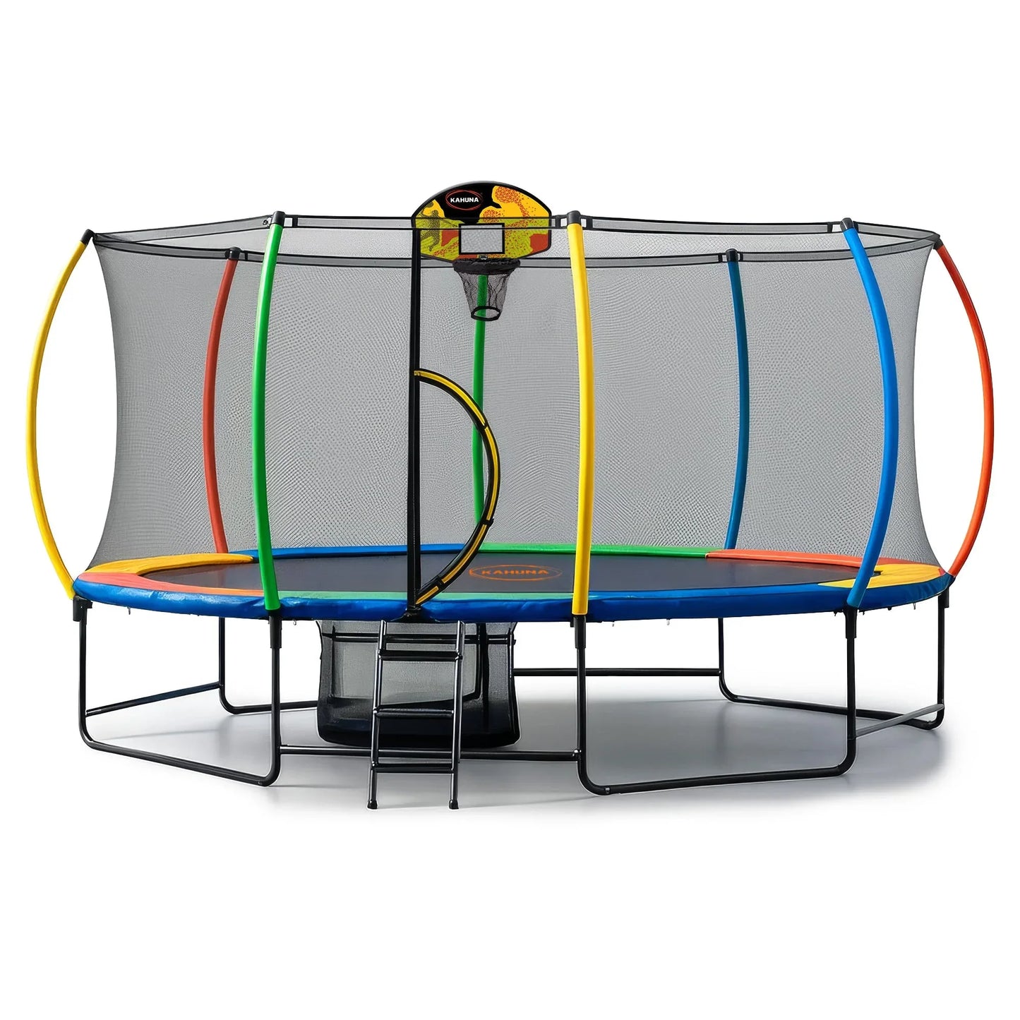 Kahuna 10 ft x 15 ft Oval Outdoor Trampoline L.E.D. Basketball Set Reversible Rainbow & Orange Safety Pad Safety Net Ladder - Mekamart Australia