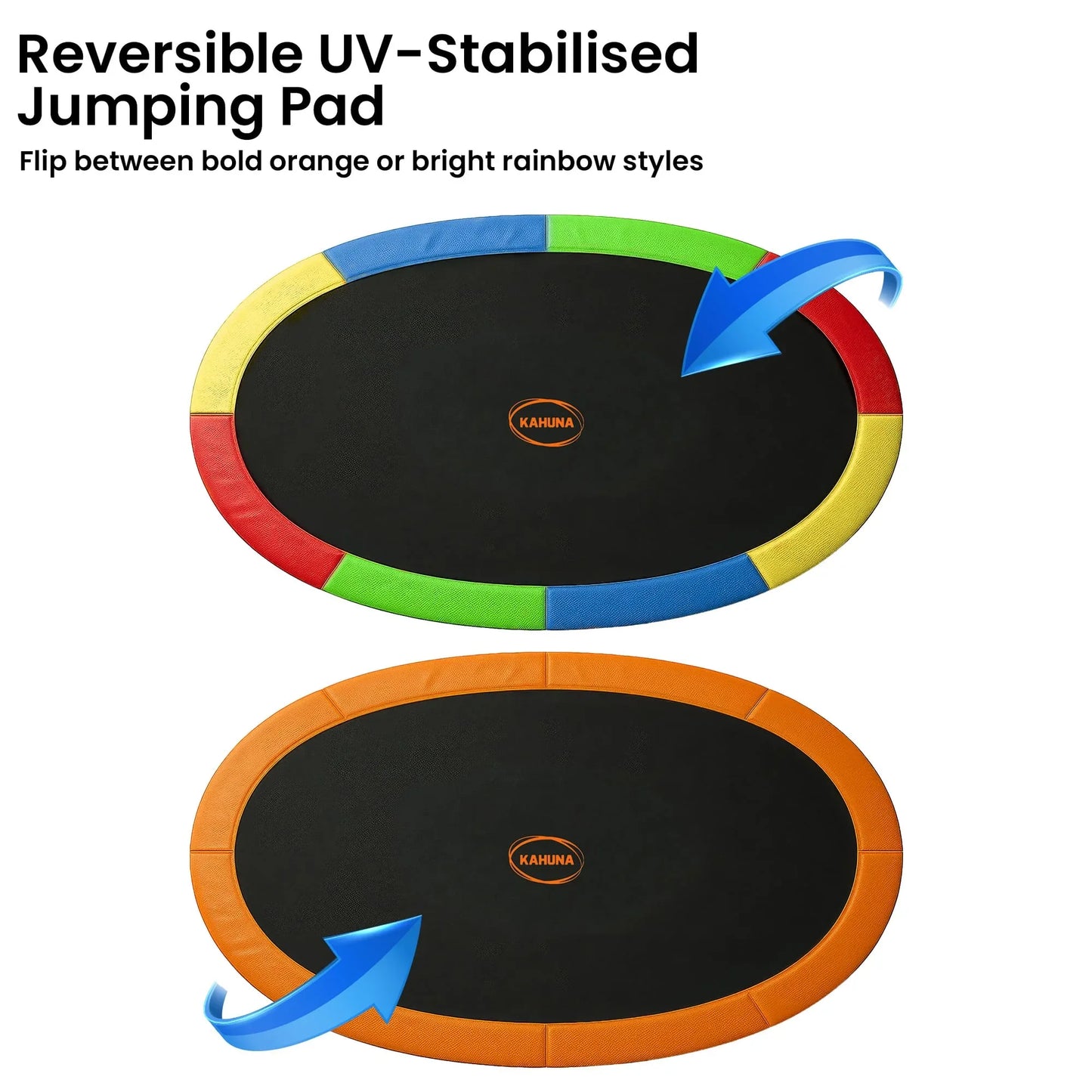 Kahuna 10 ft x 15 ft Oval Outdoor Trampoline L.E.D. Basketball Set Reversible Rainbow & Orange Safety Pad Safety Net Ladder - Mekamart Australia