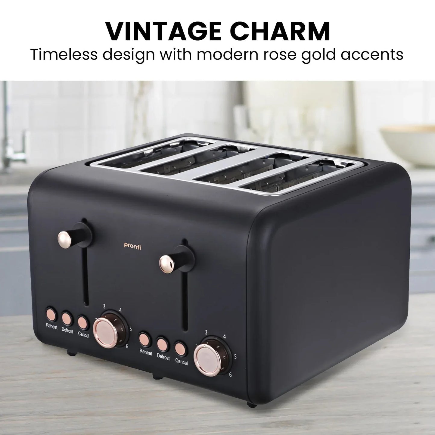 Pronti 4 Slice Toaster Rose Trim Collection - Black - Mekamart Australia