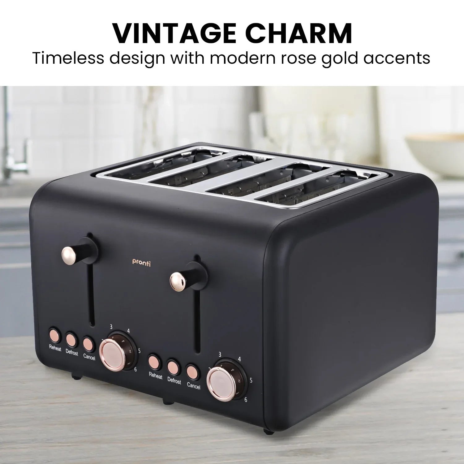 Pronti 4 Slice Toaster Rose Trim Collection - Black - Mekamart Australia