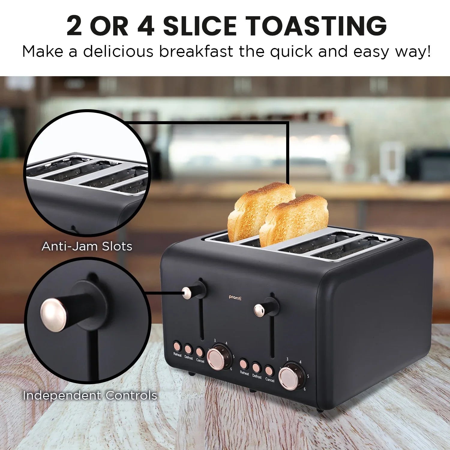 Pronti 4 Slice Toaster Rose Trim Collection - Black - Mekamart Australia