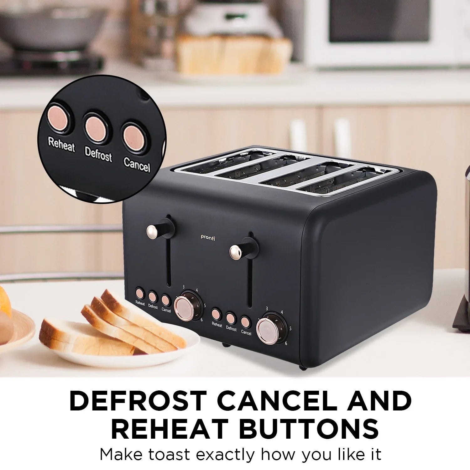 Pronti 4 Slice Toaster Rose Trim Collection - Black - Mekamart Australia