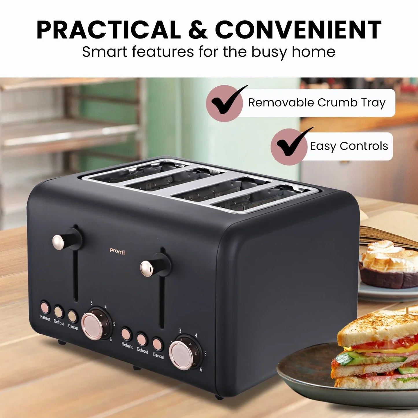 Pronti 4 Slice Toaster Rose Trim Collection - Black - Mekamart Australia