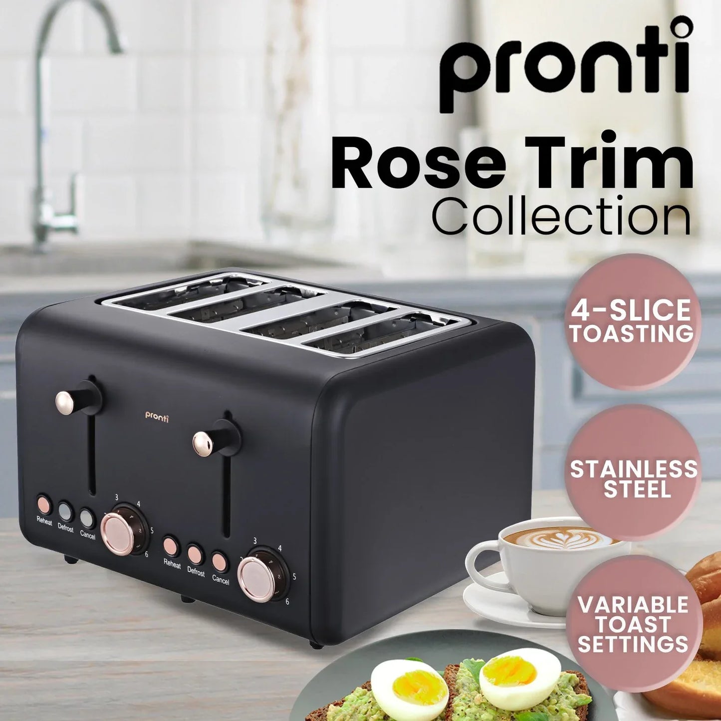 Pronti 4 Slice Toaster Rose Trim Collection - Black - Mekamart Australia