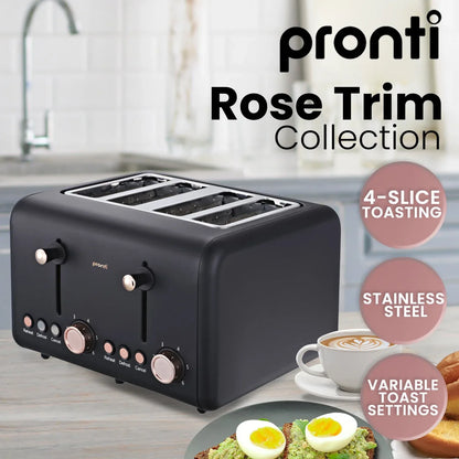 Pronti 4 Slice Toaster Rose Trim Collection - Black - Mekamart Australia